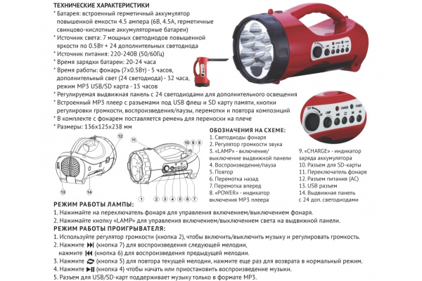 KN-9403USB0705  LED фонарь USB/SD,  7x0.5W+24led фото 1