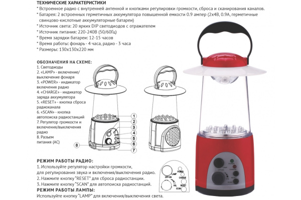 KN-6020RDL  LED фонарь радио, 20LED, 4часа фото 1